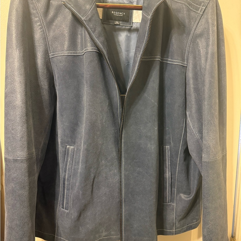 Denim blue men’s leather jacket